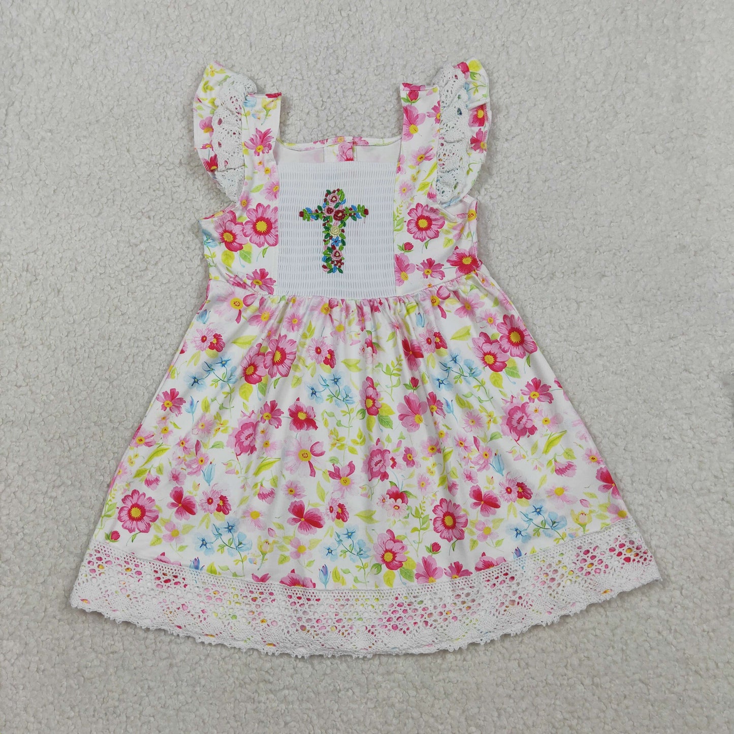 3.31 RTS Sibling Floral short sleeves cross smocked baby girls Easter dress