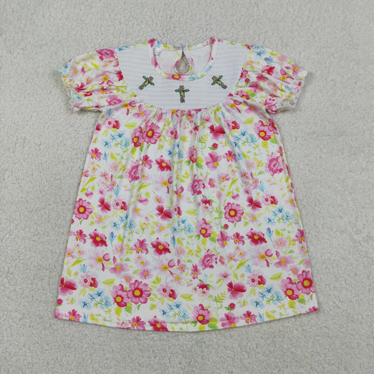 3.28 RTS NO MOQ （In stock）GSD3314 Floral short sleeves cross smocked baby girls Easter dress
