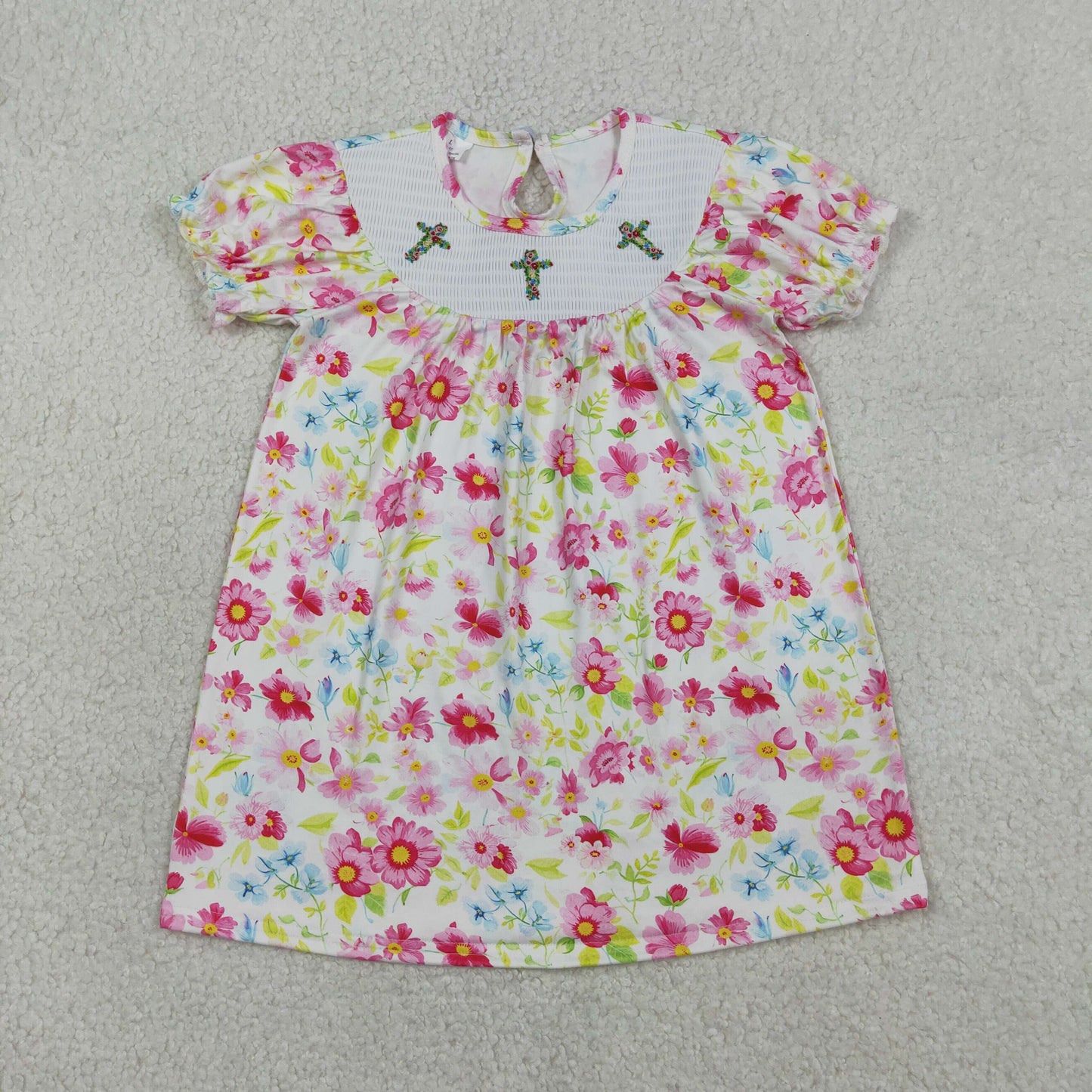 3.31 RTS Sibling Floral short sleeves cross smocked baby girls Easter dress