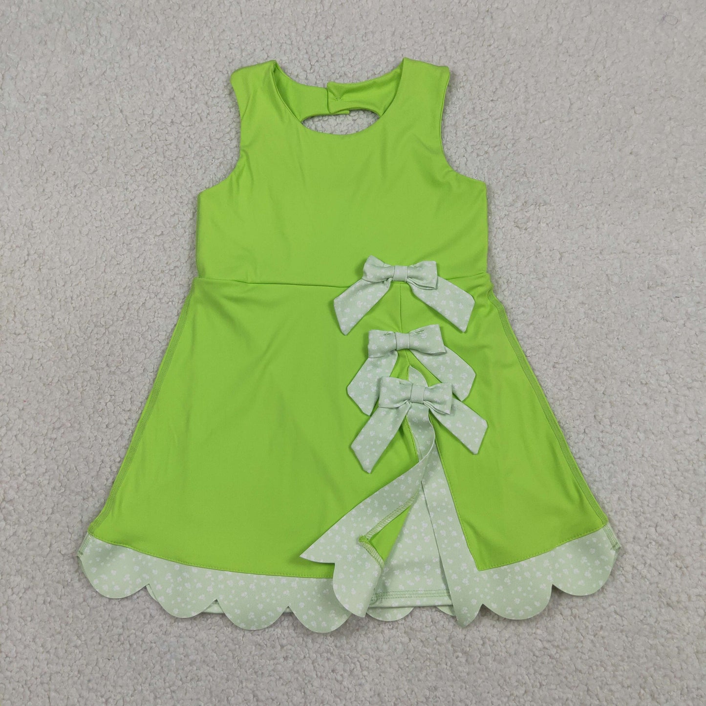 GSD3316 RTS NO MOQ （In stock ）Sleeveless bow lime green scallop girls athletic dress
