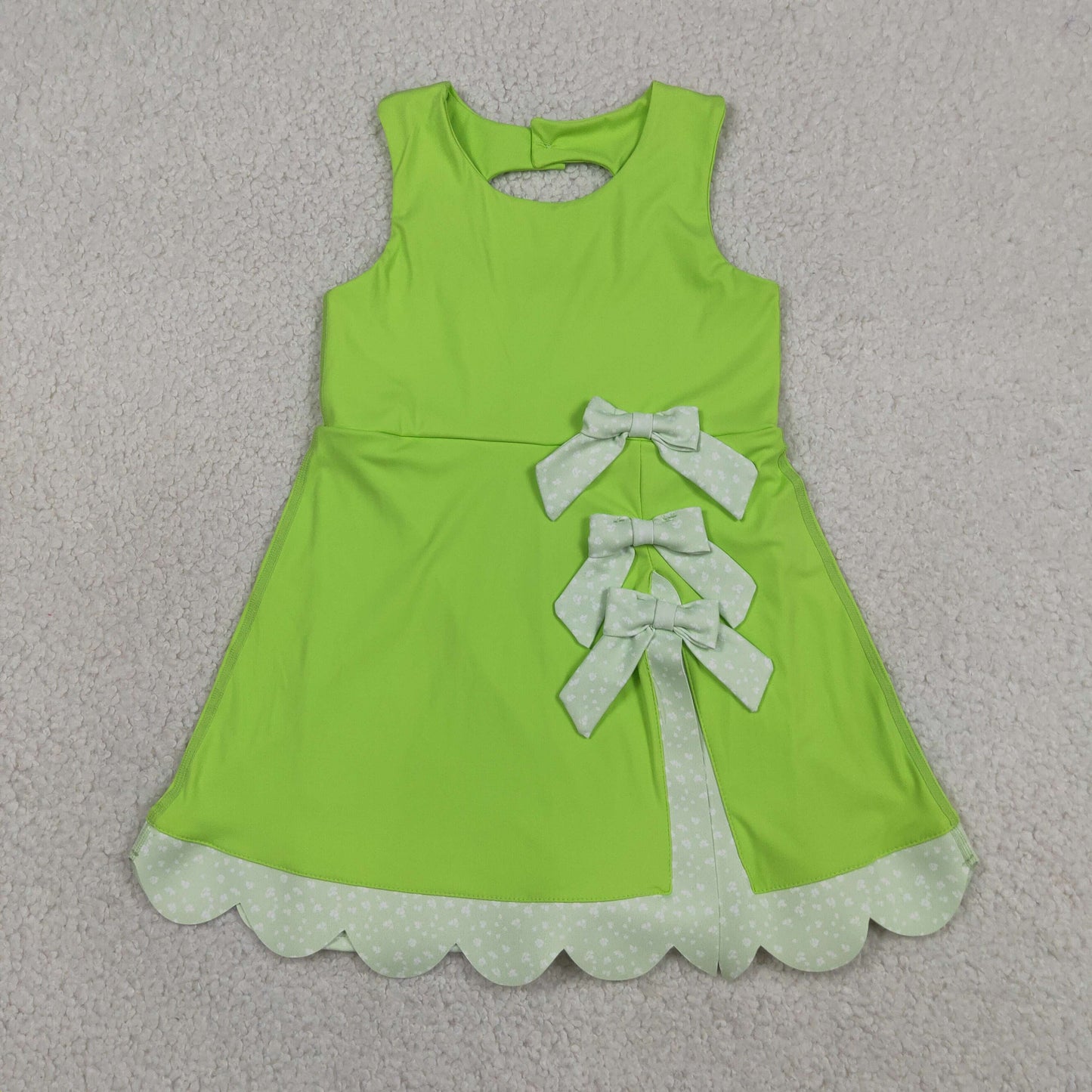 GSD3316 RTS NO MOQ （In stock ）Sleeveless bow lime green scallop girls athletic dress