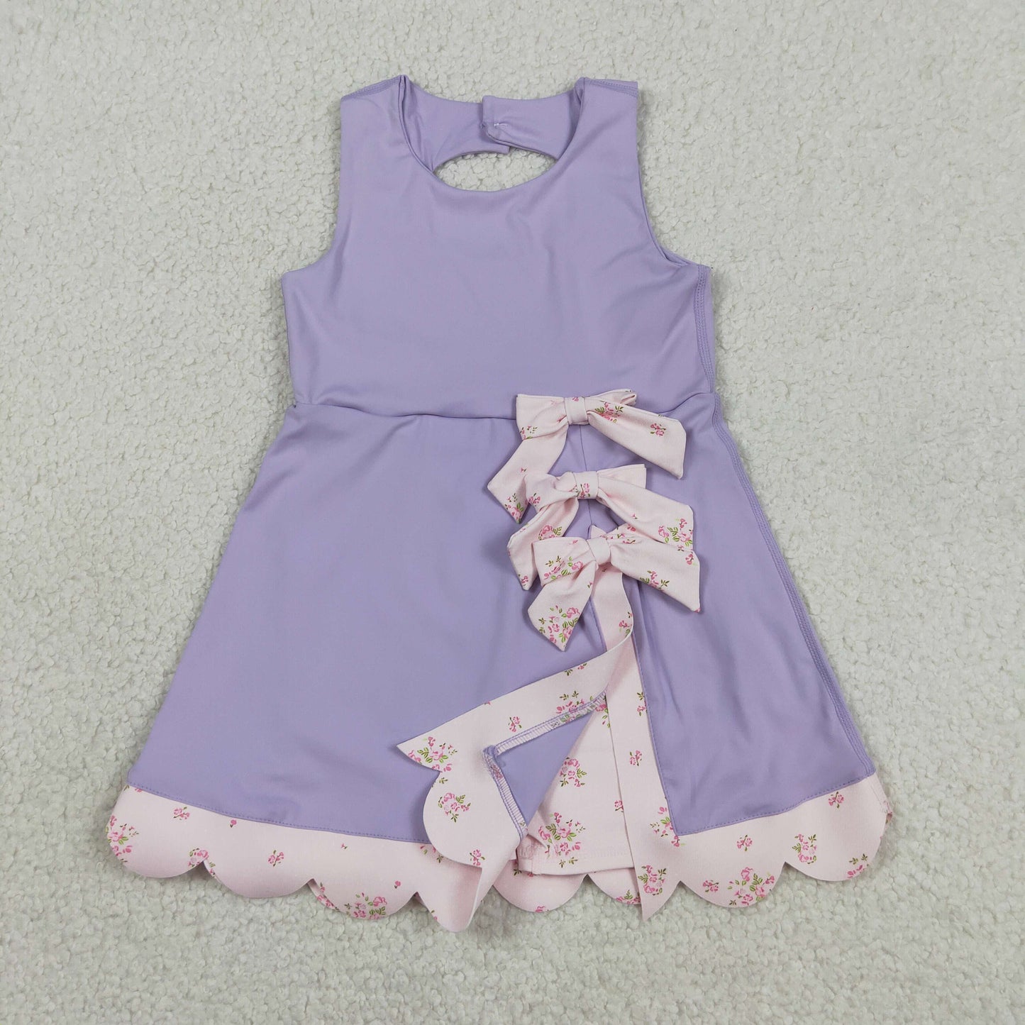 GSD3317 RTS NO MOQ （In stock ）Sleeveless bow lavender scallop girls athletic dress