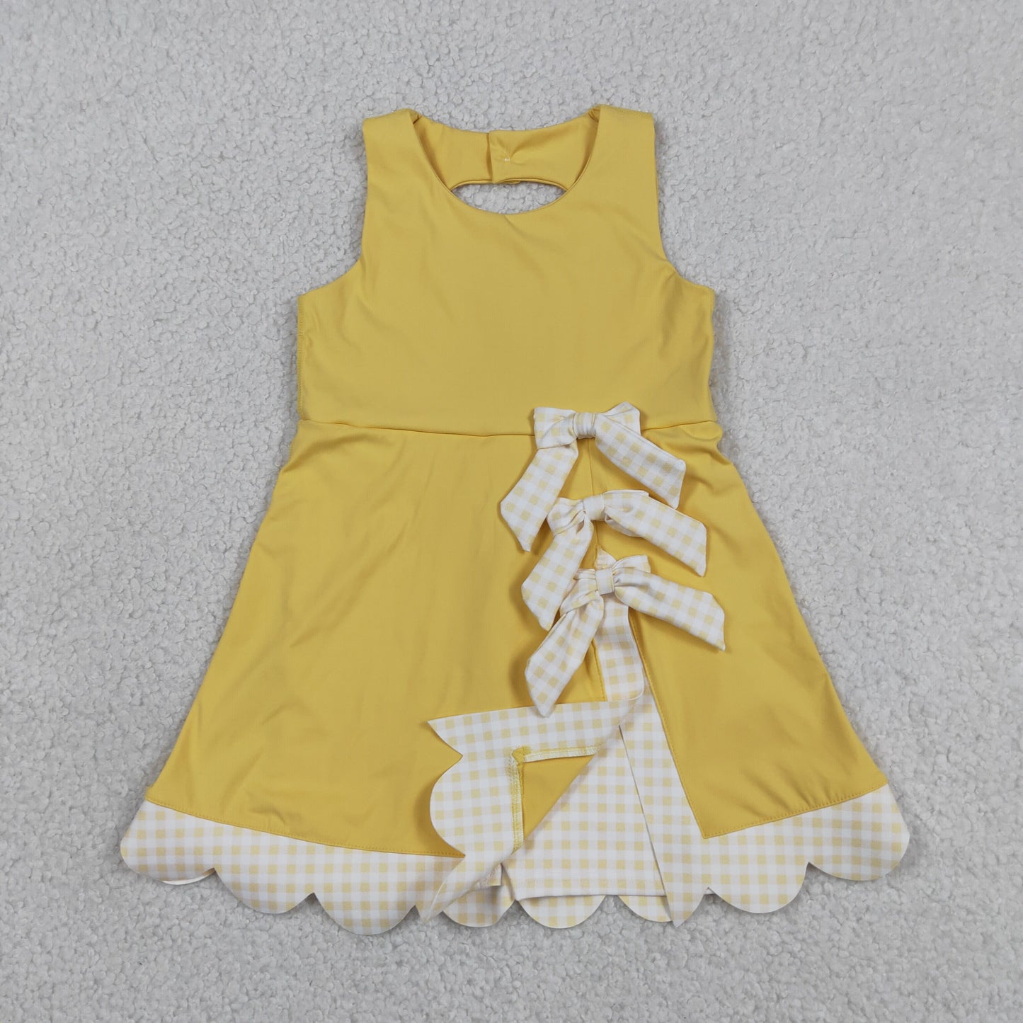 GSD3318 RTS NO MOQ （In stock ）Sleeveless bow yellow scallop girls athletic dress