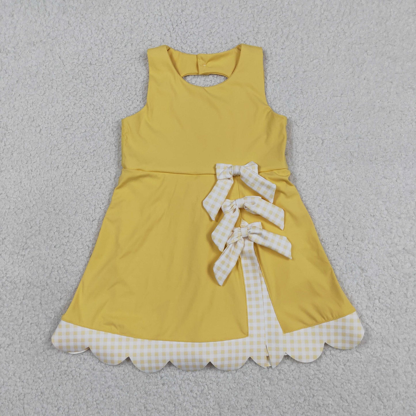 GSD3318 RTS NO MOQ （In stock ）Sleeveless bow yellow scallop girls athletic dress