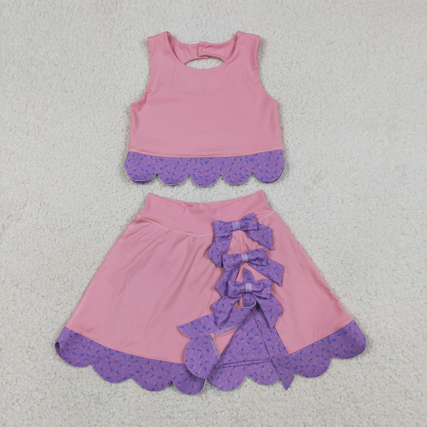 GSD3319 RTS NO MOQ （In stock）Sleeveless crop top bow skirt girls activewear set