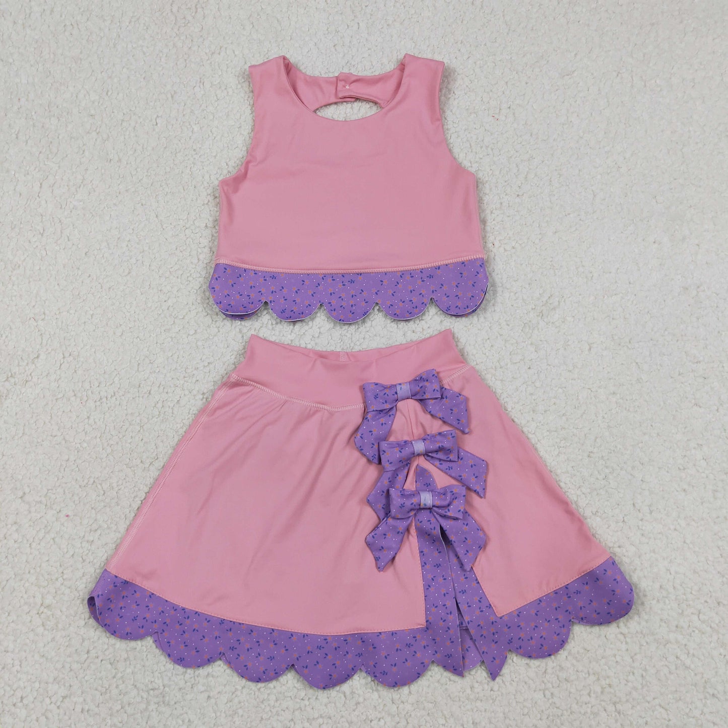 GSD3319 RTS NO MOQ （In stock）Sleeveless crop top bow skirt girls activewear set