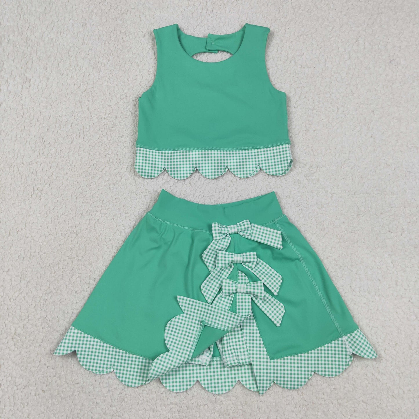 GSD3320 RTS NO MOQ （In stock ）Sleeveless green crop top plaid bow skirt kids girls active set
