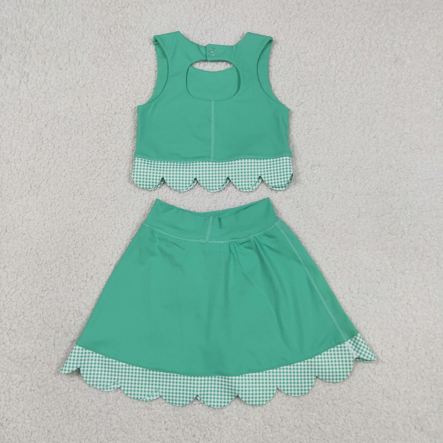 GSD3320 RTS NO MOQ （In stock ）Sleeveless green crop top plaid bow skirt kids girls active set