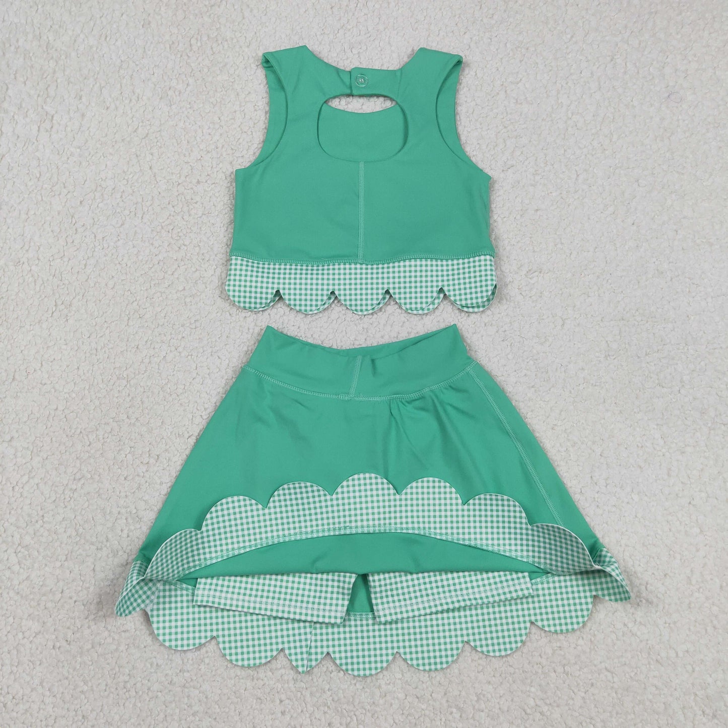 GSD3320 RTS NO MOQ （In stock ）Sleeveless green crop top plaid bow skirt kids girls active set