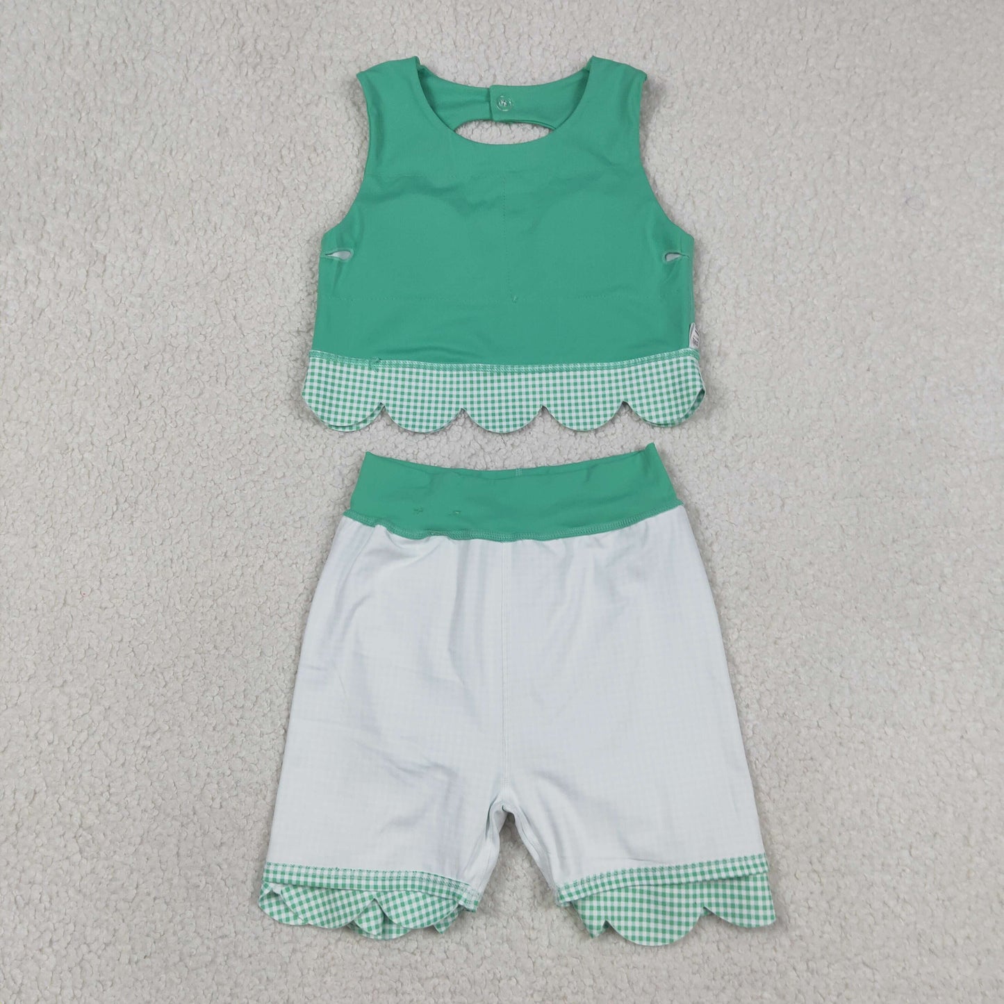GSD3320 RTS NO MOQ （In stock ）Sleeveless green crop top plaid bow skirt kids girls active set