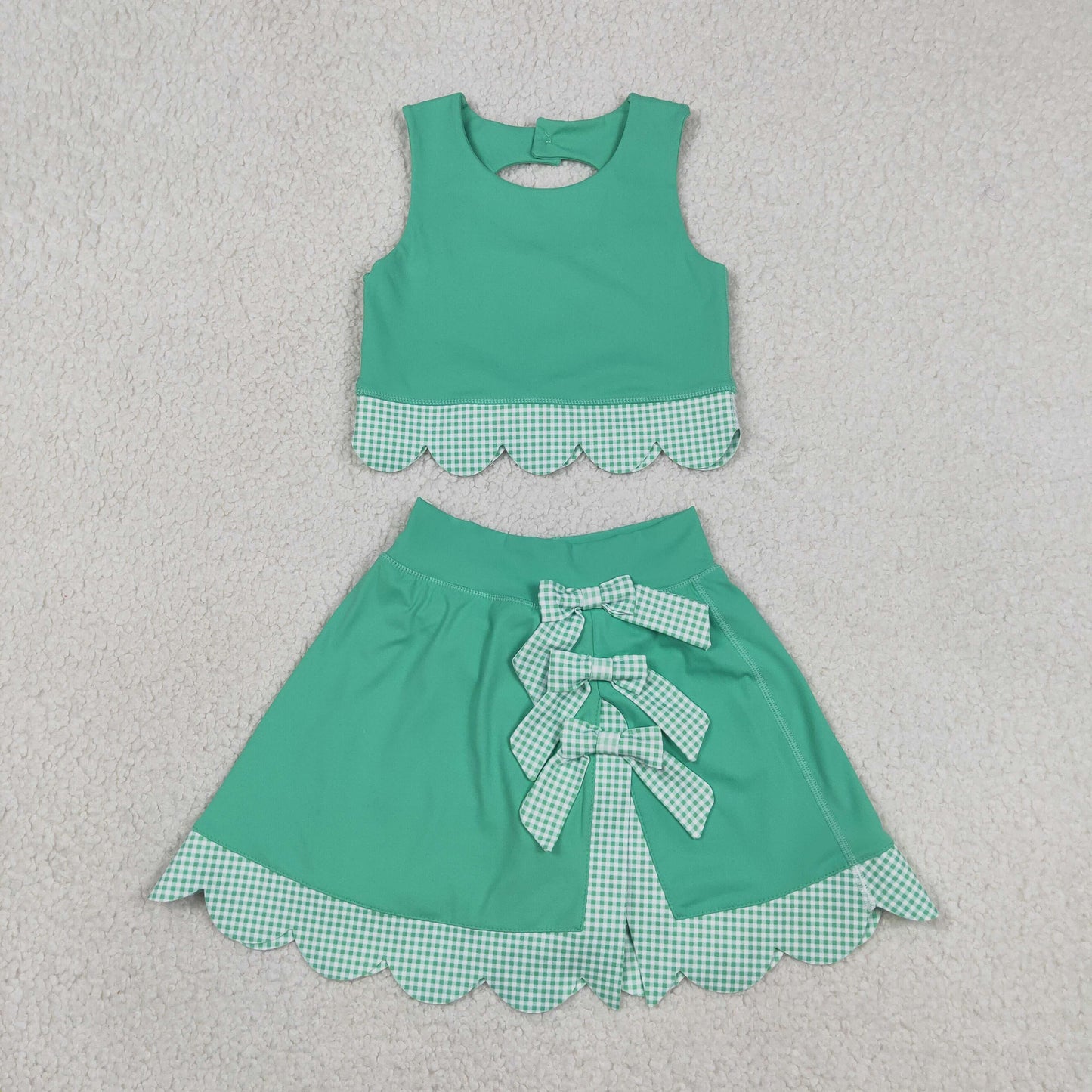 GSD3320 RTS NO MOQ （In stock ）Sleeveless green crop top plaid bow skirt kids girls active set