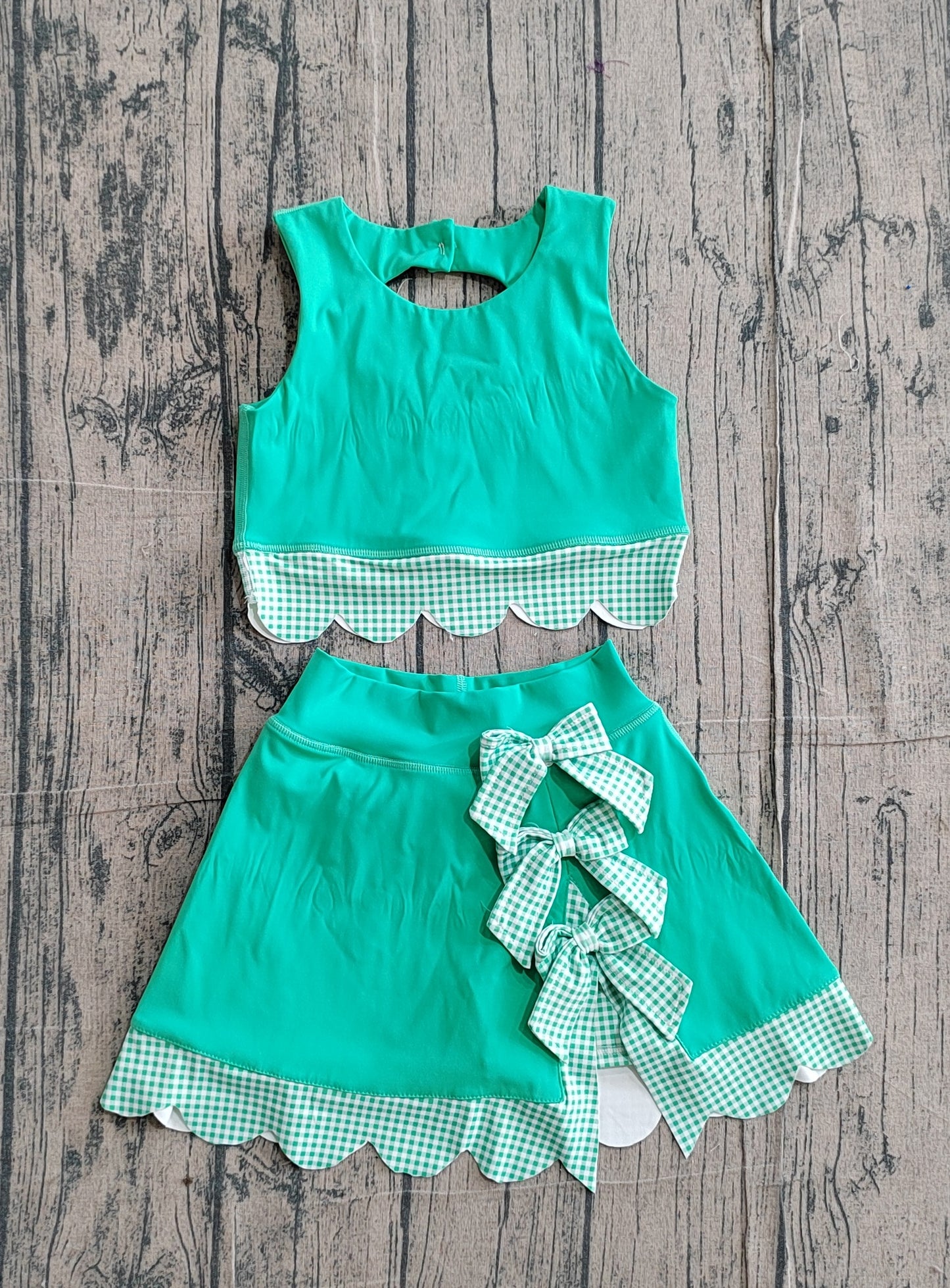 3.9 GSD3320 Sample No Moq Yoga fabric Baby Girls Summer Green Sleeveless Vest Top Bows Skirt Shorts Yoga Clothes Sets