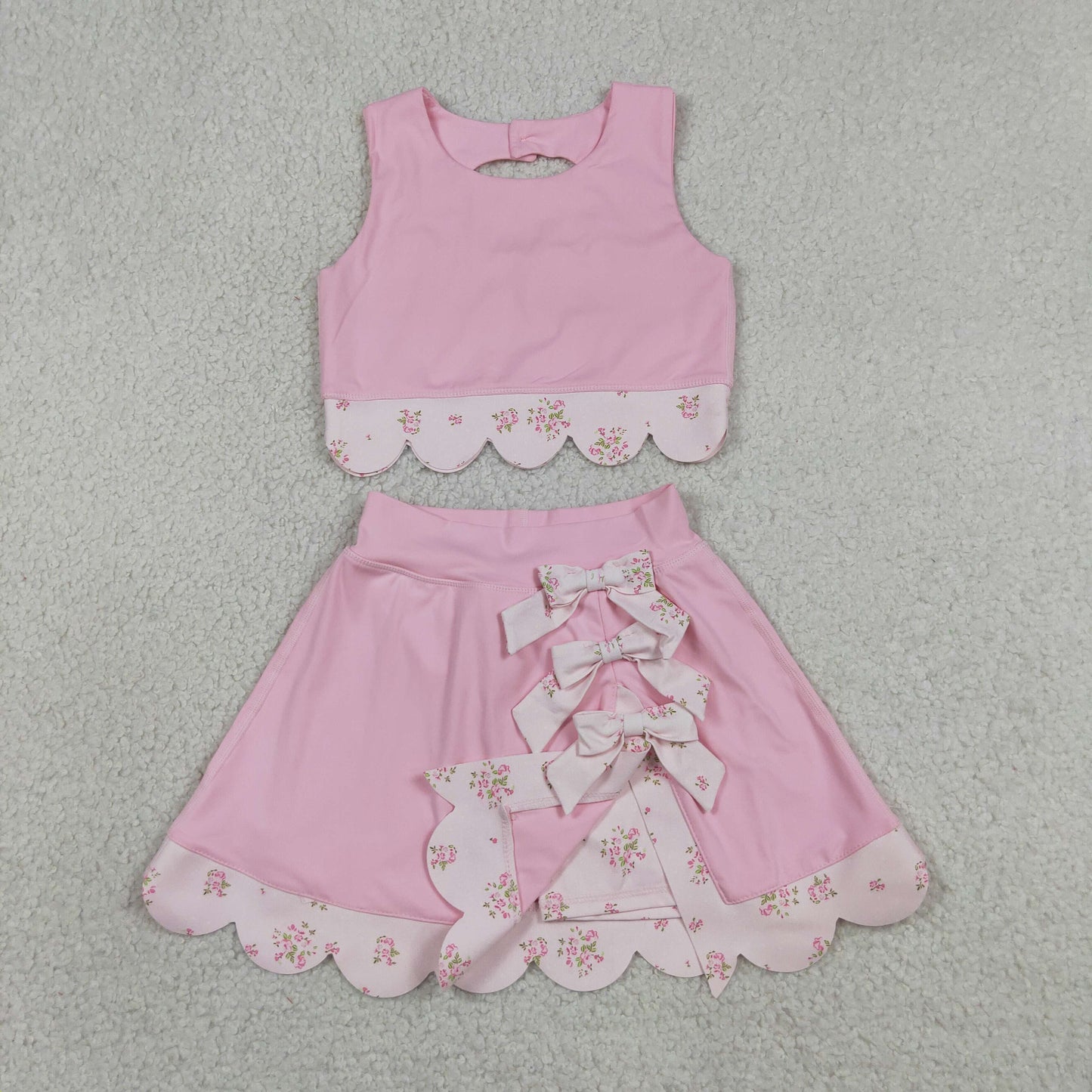 GSD3321 RTS NO MOQ （In stock）Pink sleeveless bow scallop kids girls active wear set