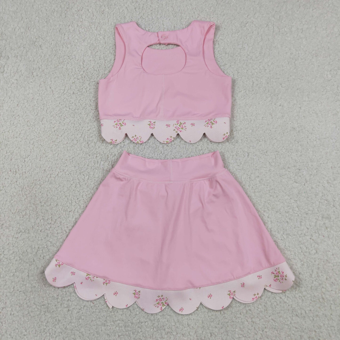 GSD3321 RTS NO MOQ （In stock）Pink sleeveless bow scallop kids girls active wear set