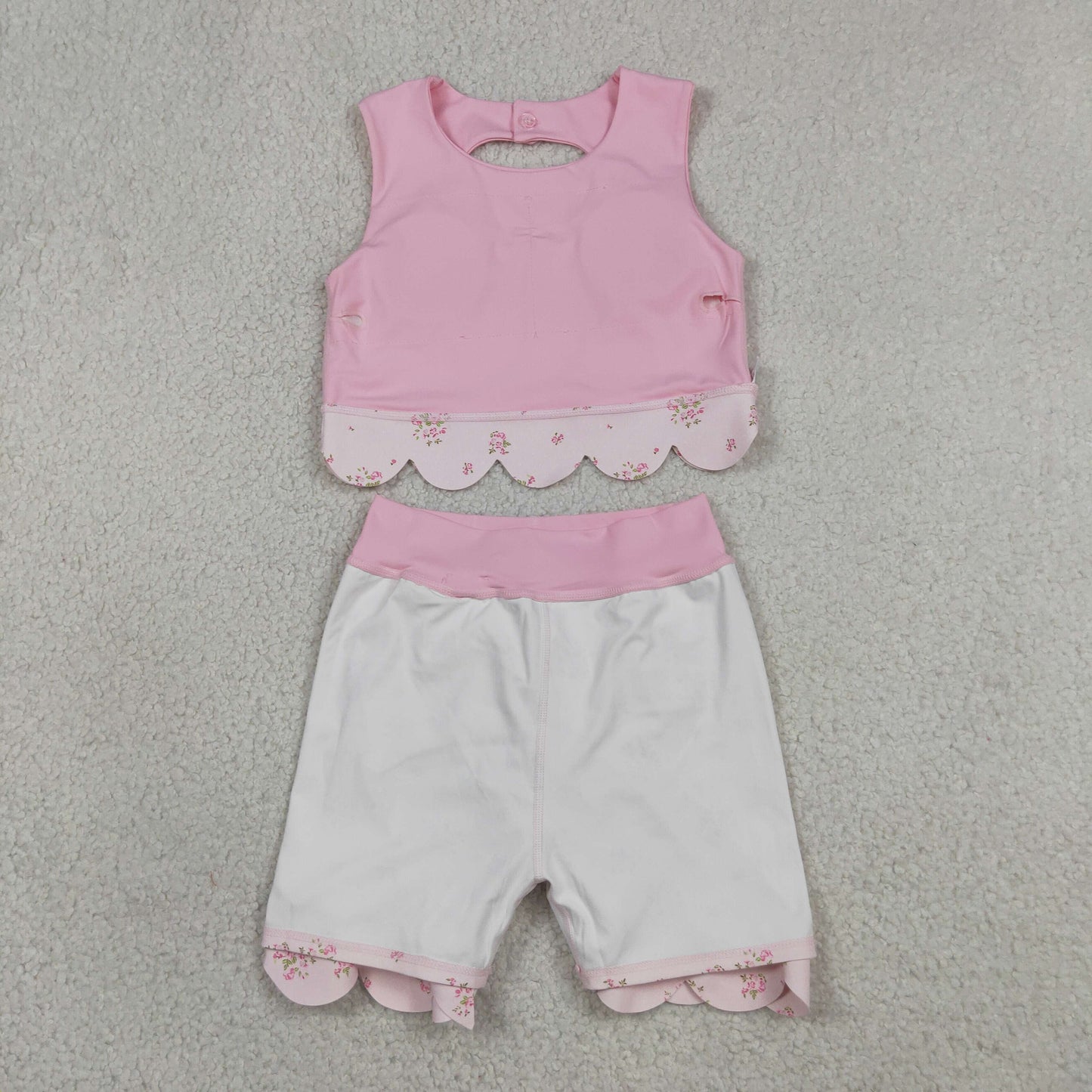GSD3321 RTS NO MOQ （In stock）Pink sleeveless bow scallop kids girls active wear set