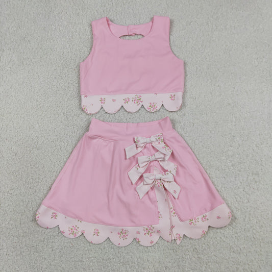 GSD3321 RTS NO MOQ （In stock ）Baby Girls Light Pink Sleeveless Vest Top Bows Skirt Shorts Yoga Clothes Sets