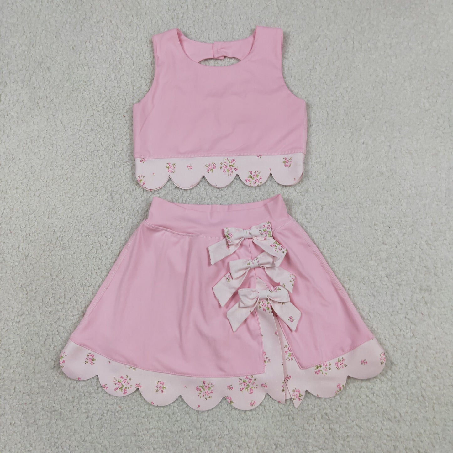 GSD3321 RTS NO MOQ （In stock）Pink sleeveless bow scallop kids girls active wear set