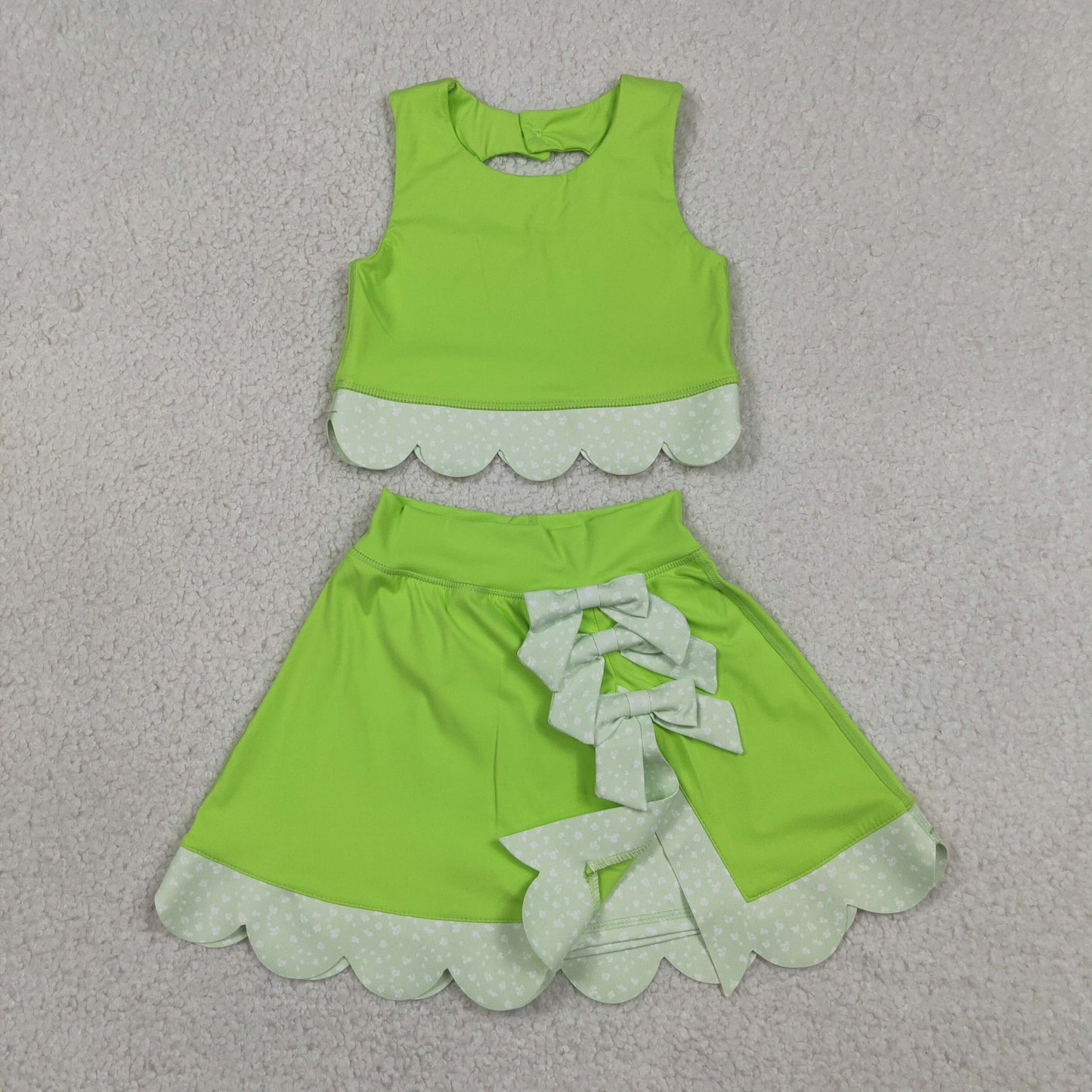 GSD3322 RTS NO MOQ （In stock ）Baby Girls Light Green Sleeveless Vest Top Bows Skirt Shorts Yoga Clothes Sets