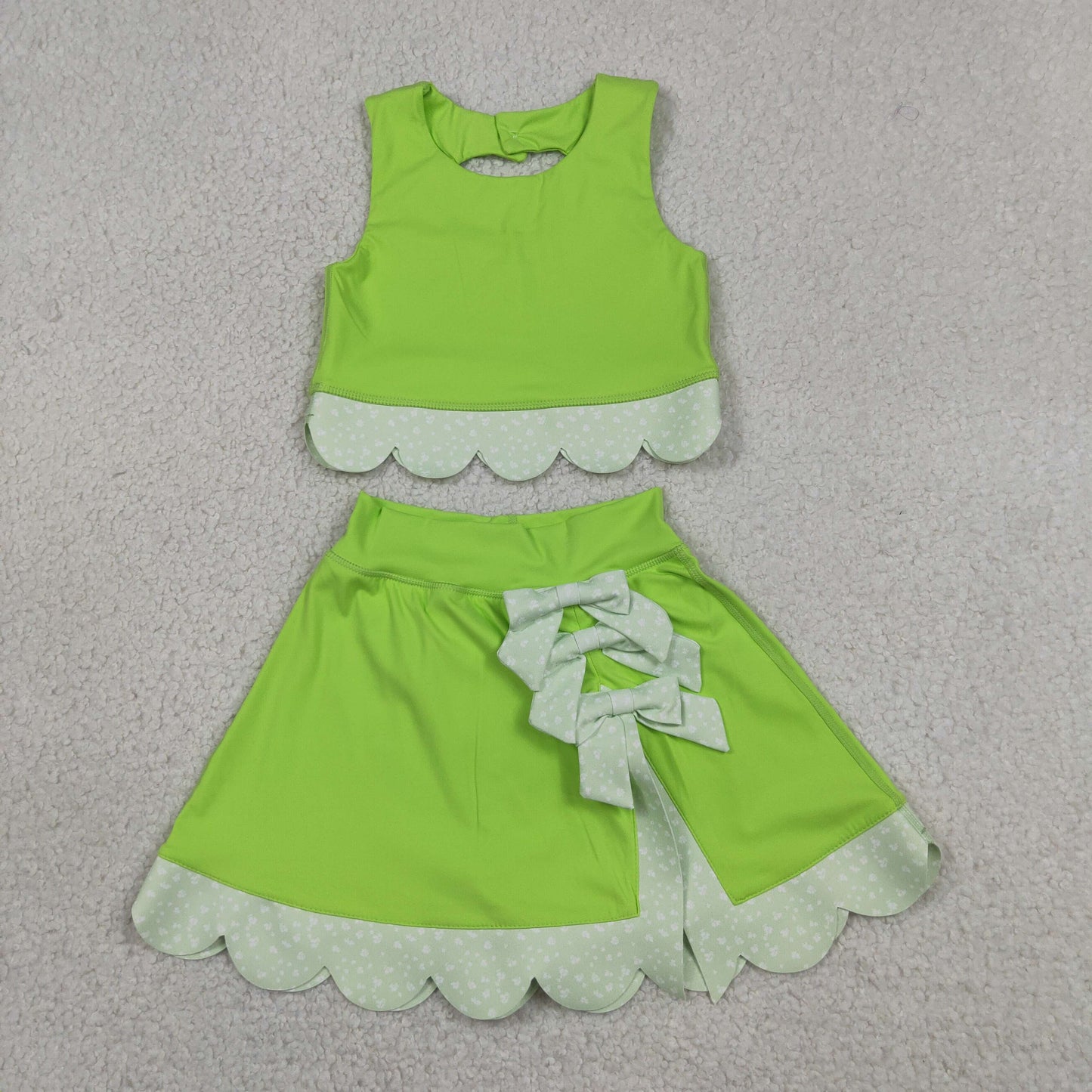 GSD3322 RTS NO MOQ （In stock ）Baby Girls Light Green Sleeveless Vest Top Bows Skirt Shorts Yoga Clothes Sets