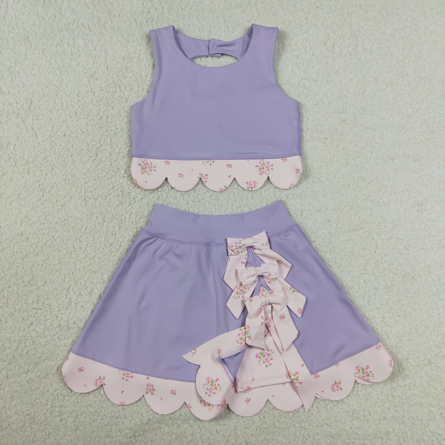 GSD3323 RTS NO MOQ （In stock）Lavender sleeveless bow scallop kids girls active wear set