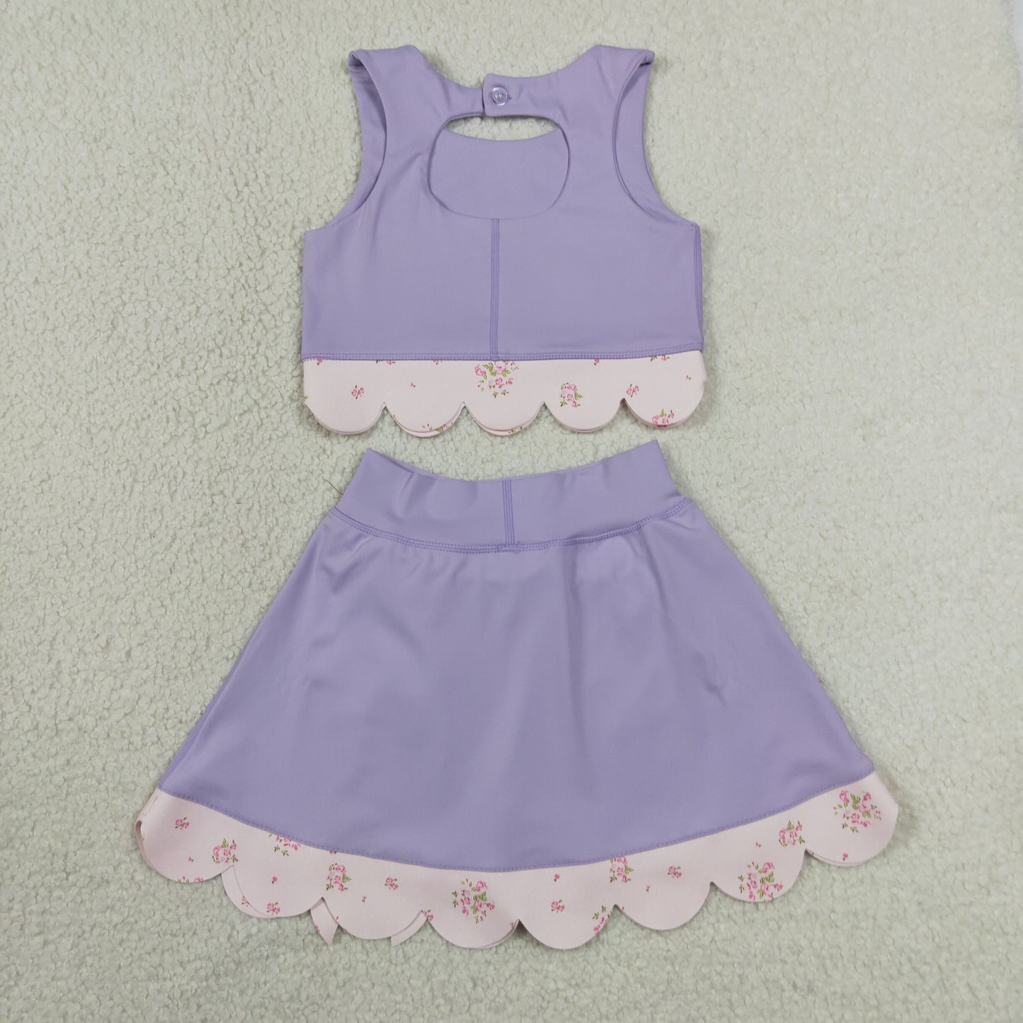 GSD3323 RTS NO MOQ （In stock）Lavender sleeveless bow scallop kids girls active wear set