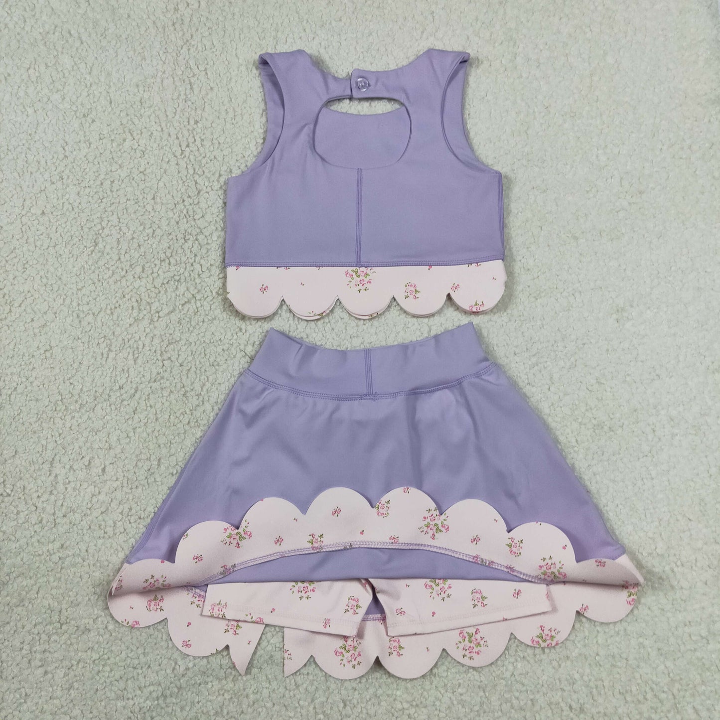 GSD3323 RTS NO MOQ （In stock）Lavender sleeveless bow scallop kids girls active wear set