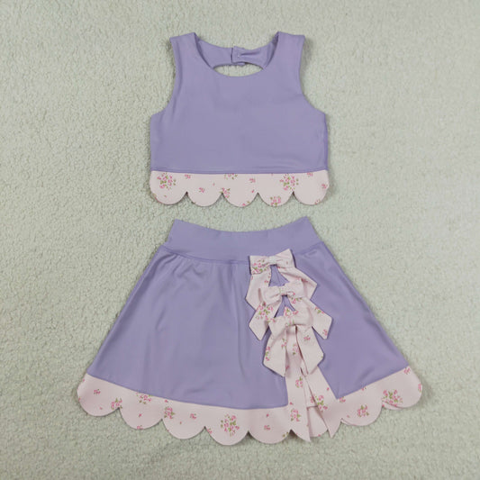 GSD3323 RTS NO MOQ （In stock）Baby Girls Purple Sleeveless Vest Top Bows Skirt Shorts Yoga Clothes Sets