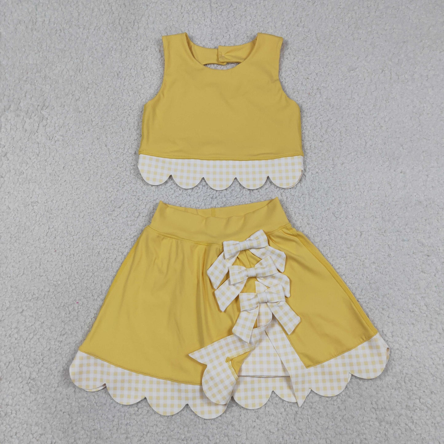 GSD3324 RTS NO MOQ （In stock）Yellow sleeveless bow scallop kids girls active wear set
