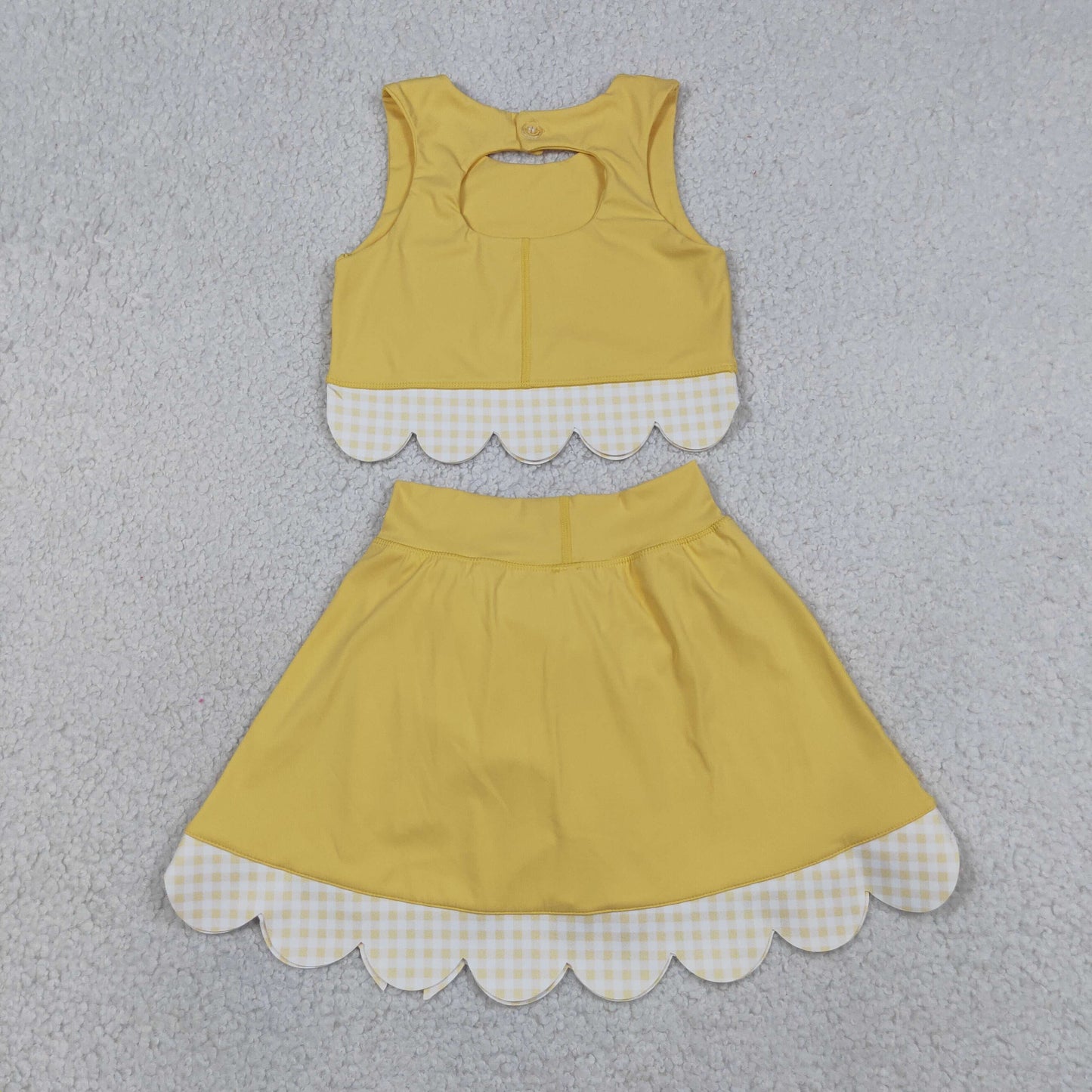 GSD3324 RTS NO MOQ （In stock）Yellow sleeveless bow scallop kids girls active wear set