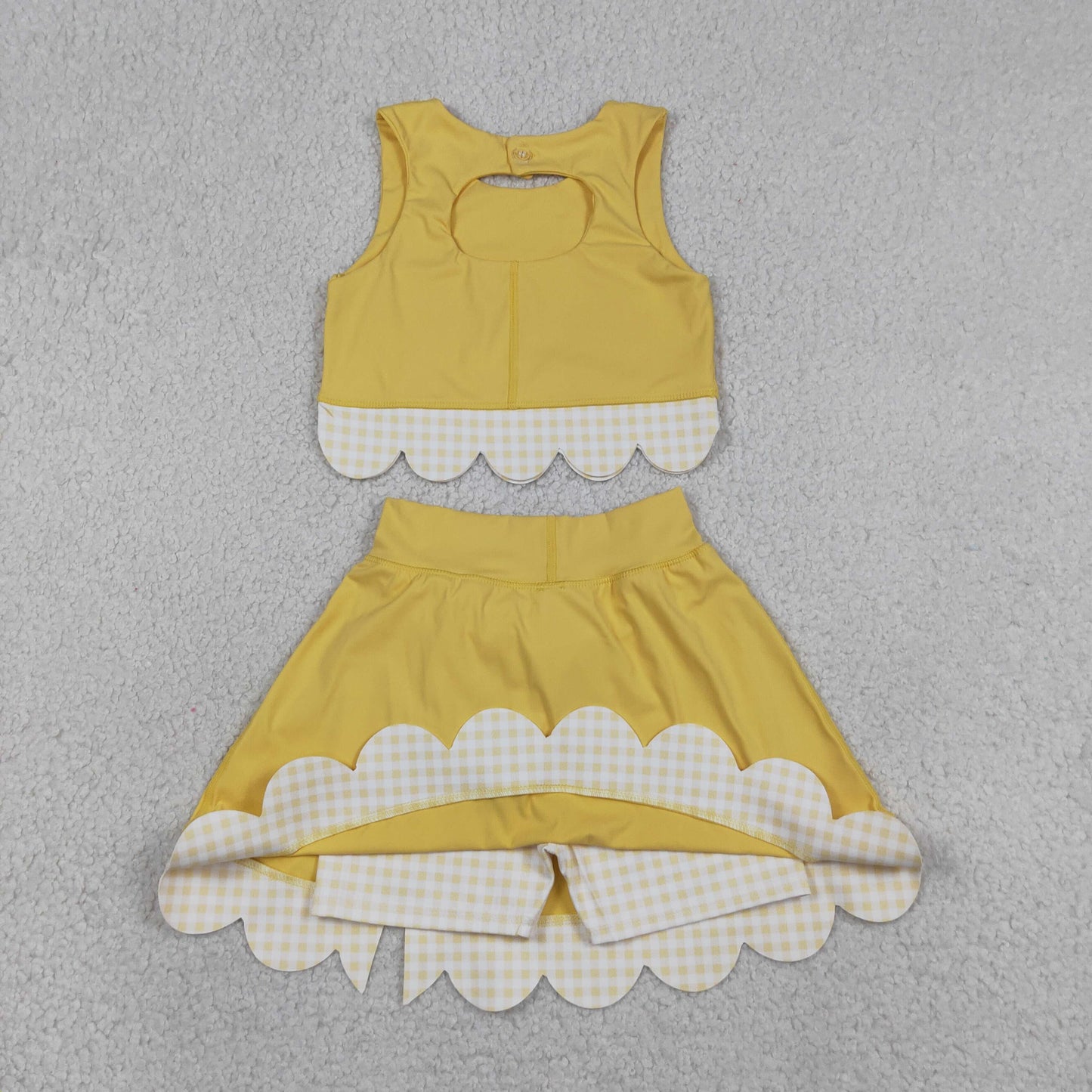 GSD3324 RTS NO MOQ （In stock）Yellow sleeveless bow scallop kids girls active wear set
