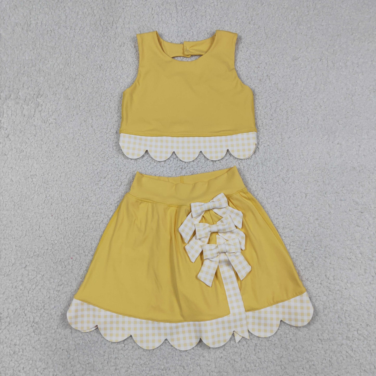 GSD3324 RTS NO MOQ （In stock）Yellow sleeveless bow scallop kids girls active wear set