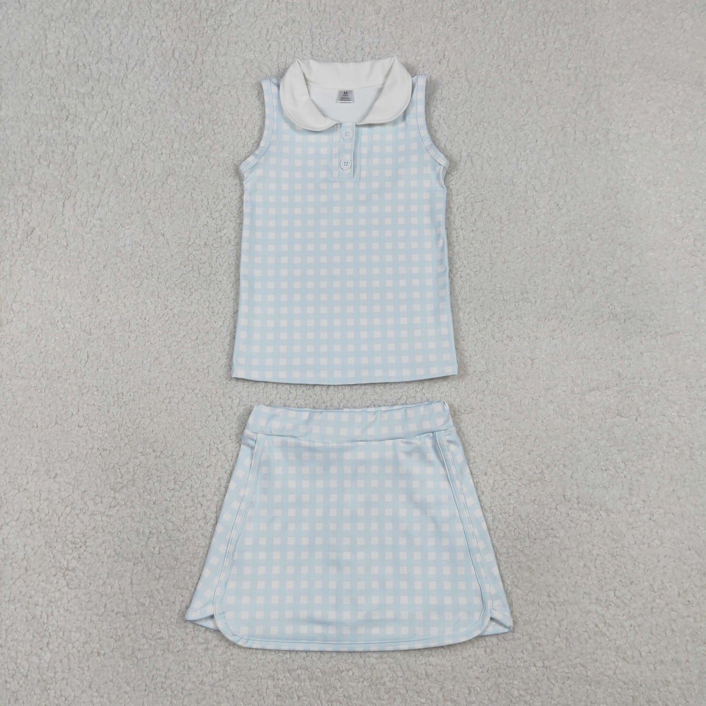 1.17 RTS NO MOQ （In stock）GSD3375 Baby Girls Light Blue Checked Button Collar Top Skirt Shorts Yoga Active Clothes Sets