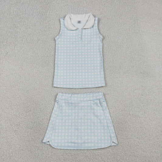 1.17 RTS NO MOQ （In stock）GSD3375 Baby Girls Light Blue Checked Button Collar Top Skirt Shorts Yoga Active Clothes Sets
