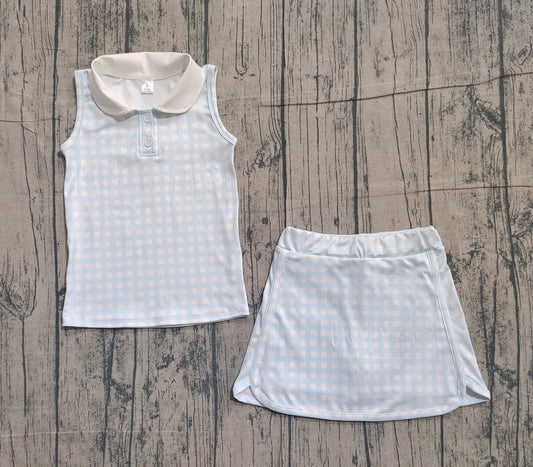 12.18 GSD3375 Sample No Moq Yoga fabric Baby Girls Checked Button Collar Top Skirt Shorts Yoga Active Clothes Sets