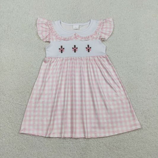 2.2 RTS NO MOQ （In stock）GSD3382 Embroidery Crosses Baby Girls Pink Checked Easter Collar Knee Length Dresses