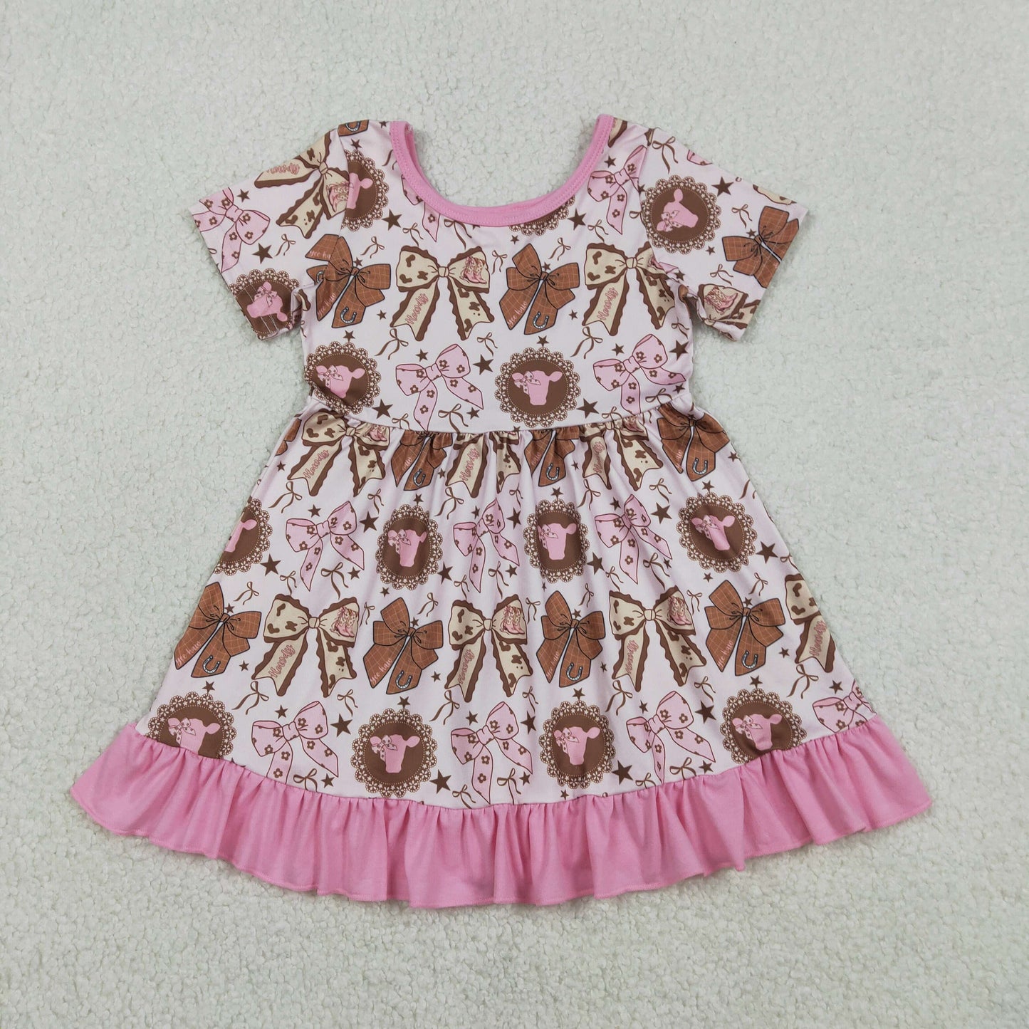 1.6 RTS NO MOQ （In stock）GSD3384 Baby Girls Flowers Highland Cows Western Ruffle Knee Length Dresses