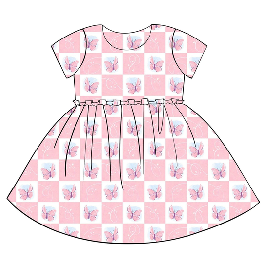 12.9 GSD3398 Pre order No Moq Baby Girls Short Sleeve Butterfly Hearts Checked Valentines Knee Length Dresses