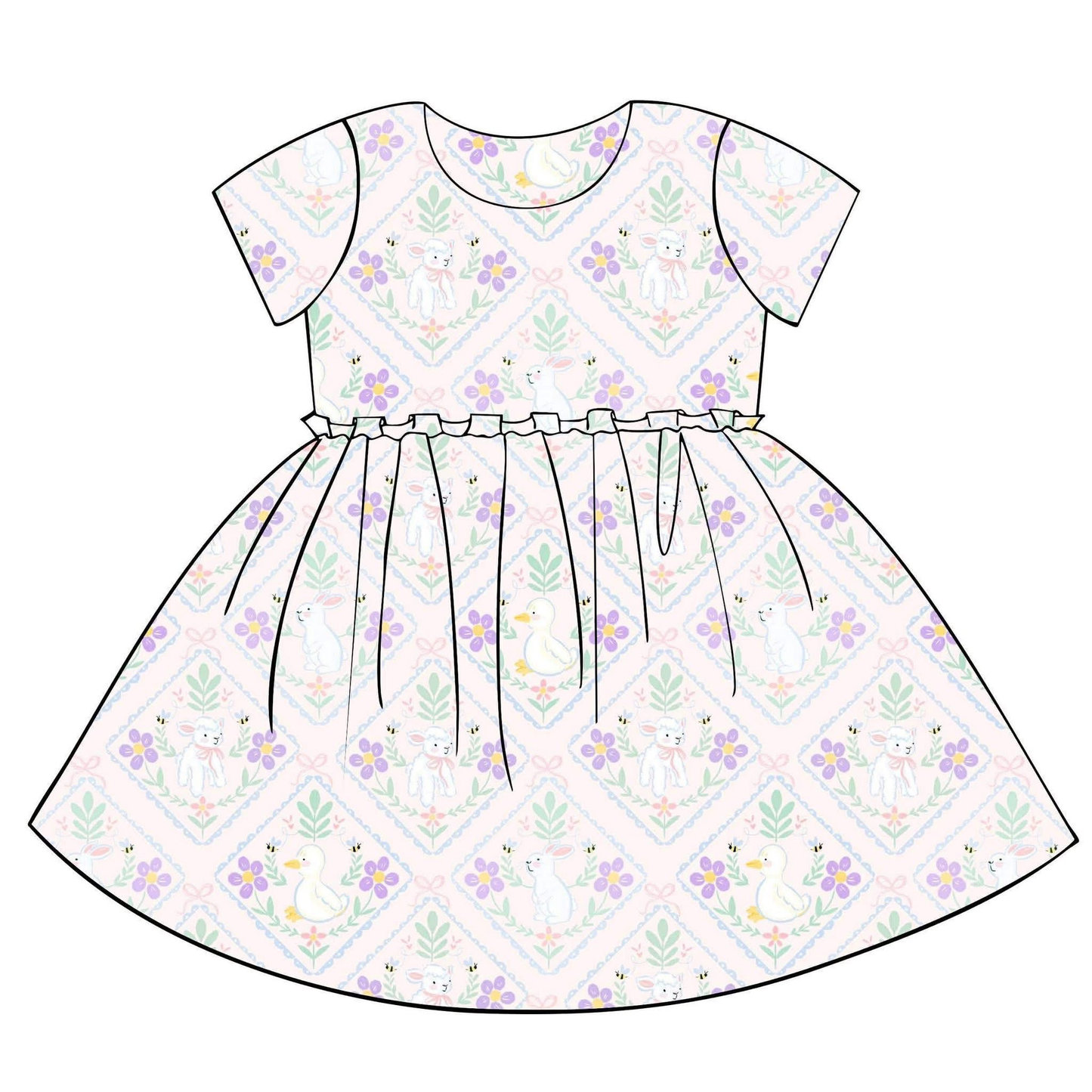12.9 GSD3399 Pre order No Moq Baby Girls Short Sleeve Flowers Rabbits Gooses Checked Easter Knee Length Dresses
