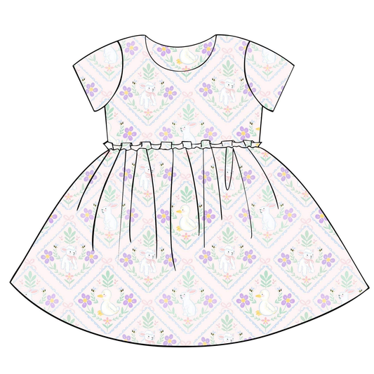12.9 GSD3399 Pre order No Moq Baby Girls Short Sleeve Flowers Rabbits Gooses Checked Easter Knee Length Dresses
