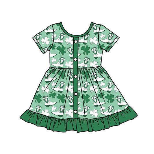 12.10 GSD3404 Pre order No Moq Baby Girls Short Sleeve Clovers Boots St Patrick Ruffle Knee Length Dresses