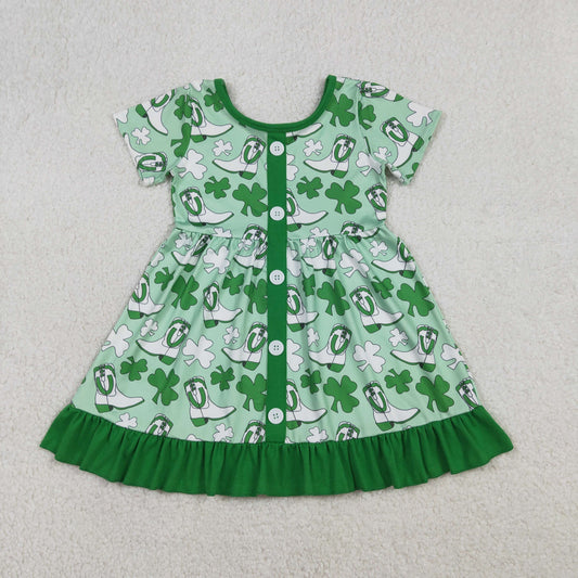 1.16 RTS NO MOQ （In stock）GSD3404 Baby Girls Green Clovers Boots St Patrick Ruffle Knee Length Dresses