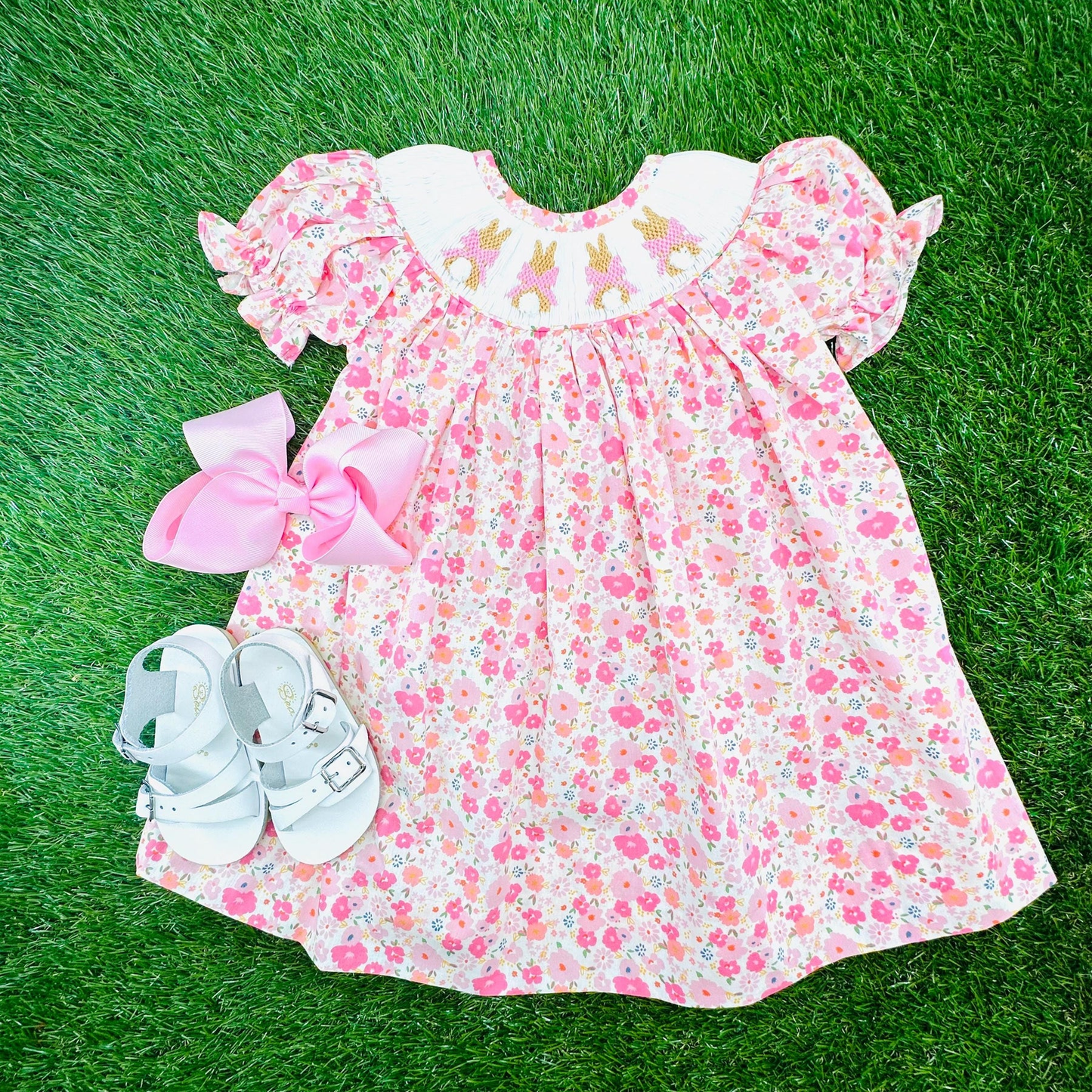 12.10 GSD3406 Pre order No Moq Baby Girls Pink Bows Rabbits Flowers Easter Knee Length Dresses