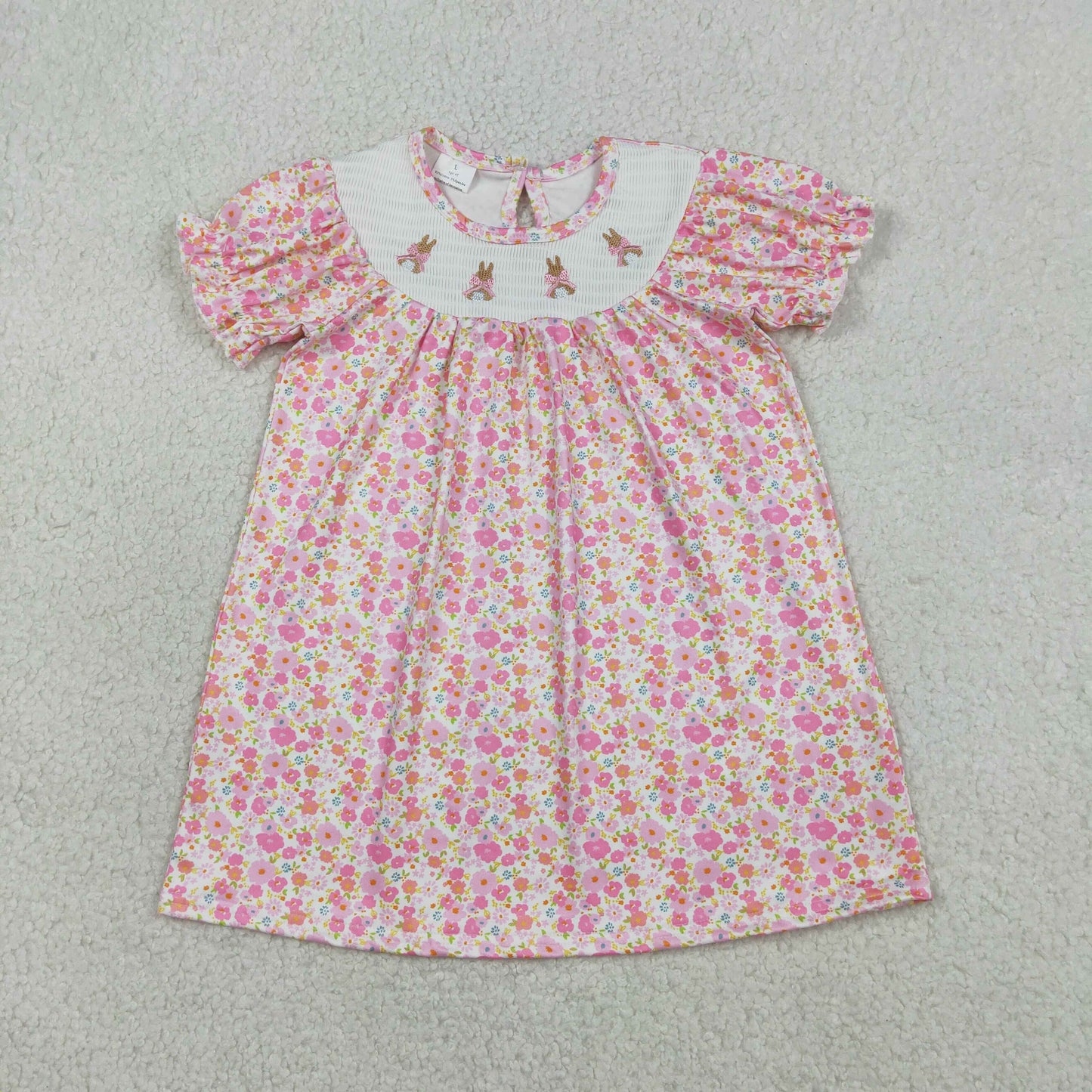 3.28 GSD3406 RTS NO MOQ （In stock）Short sleeves pink floral rabbit smocked girl Easter dress
