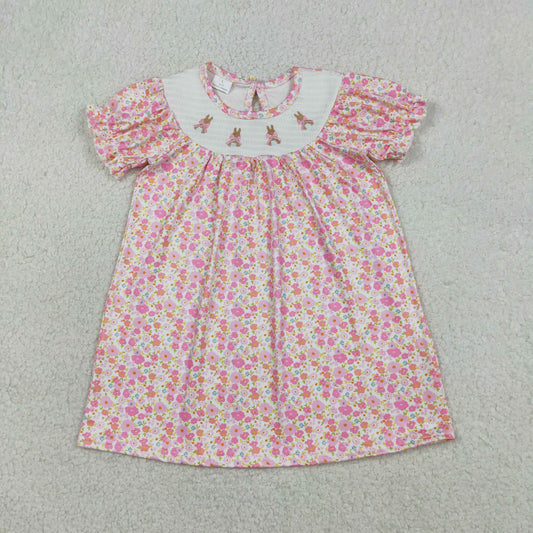 3.28 GSD3406 RTS NO MOQ （In stock）Short sleeves pink floral rabbit smocked girl Easter dress