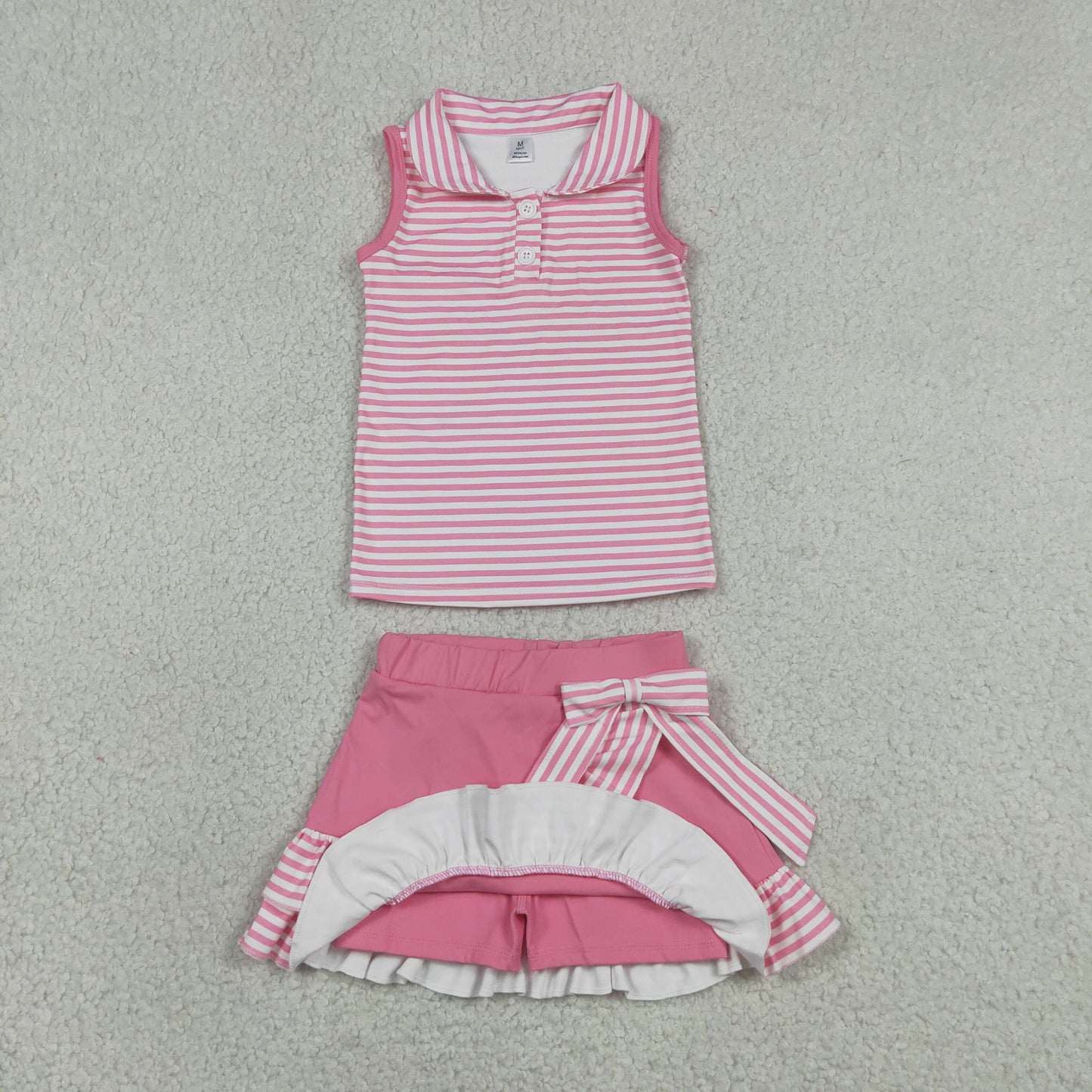 GSD3408 RTS NO MOQ （In stock）Sleeveless pink stripe polo shirt skirt girls active wear set