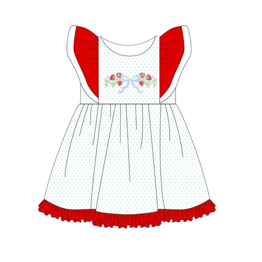 12.11 GSD3410 Pre order No Moq Baby Girls Flutter Sleeve Bow Strawberry Polka Dots Ruffle Knee Length Dresses