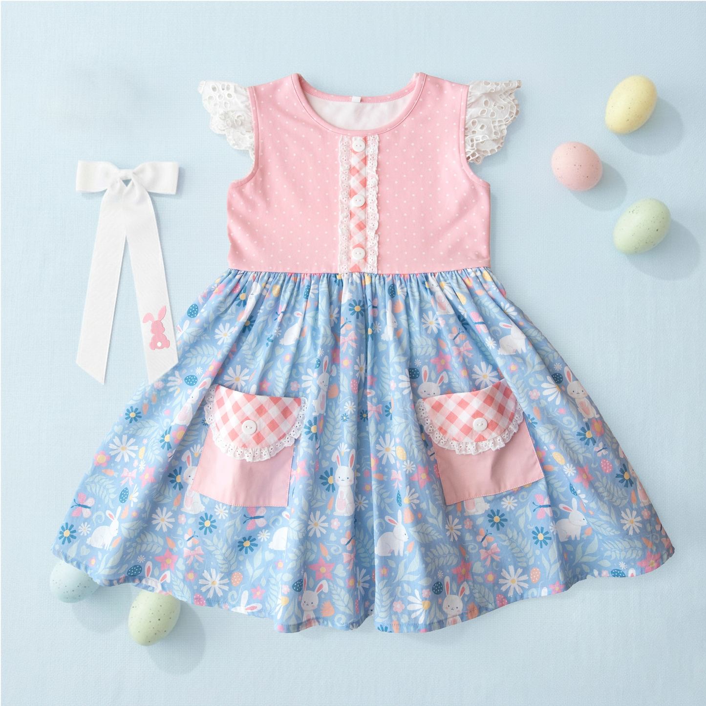 12.11 GSD3412 Pre order No Moq Baby Girls Flutter Sleeve Rabbits Flowers Easter Pockets Knee Length Dresses