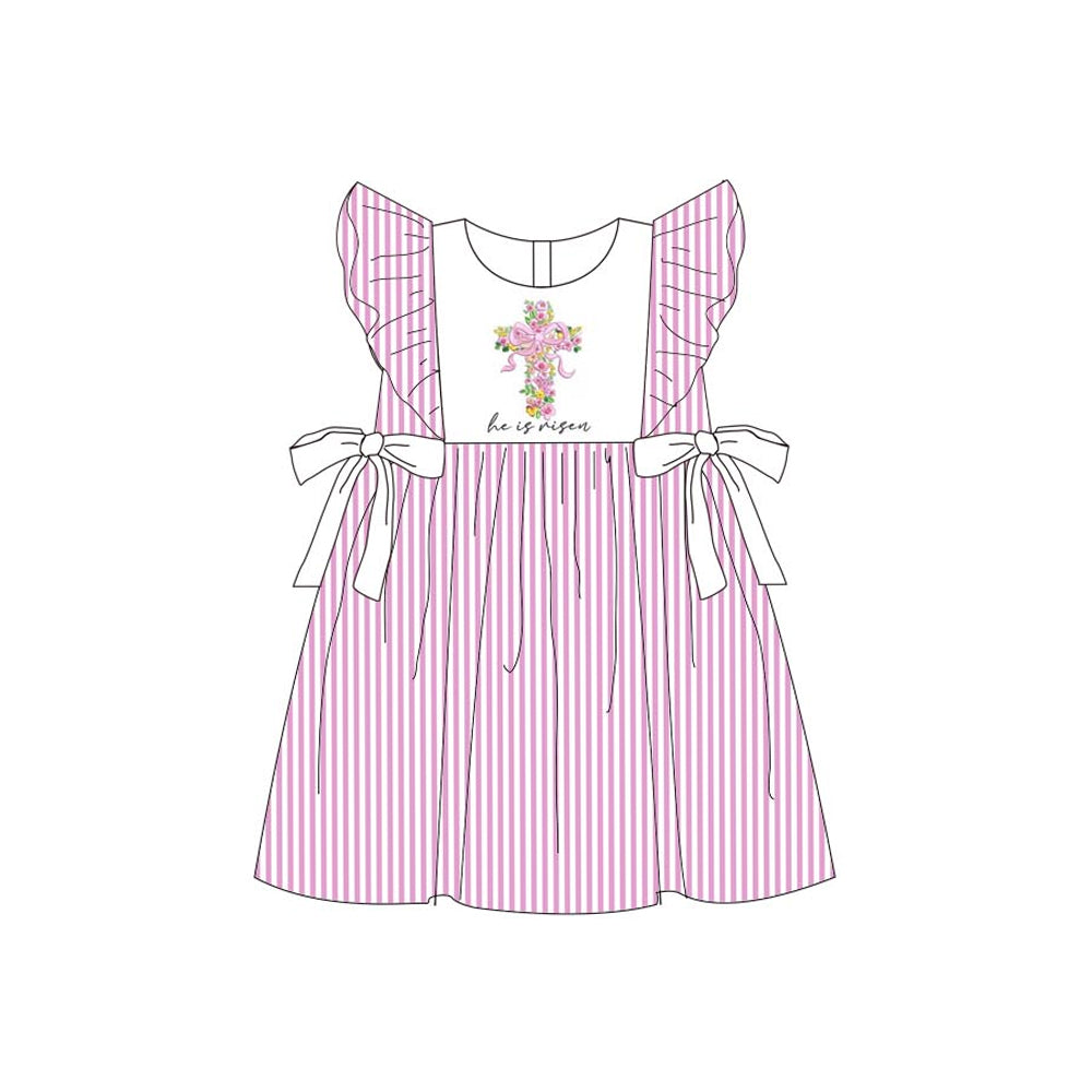 12.11 GSD3413 Pre order No Moq Baby Girls Flutter Sleeve Pink Stripe Floral Crosses Easter Knee Length Dresses