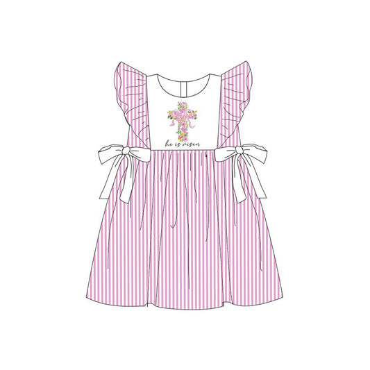 12.11 GSD3413 Pre order No Moq Baby Girls Flutter Sleeve Pink Stripe Floral Crosses Easter Knee Length Dresses