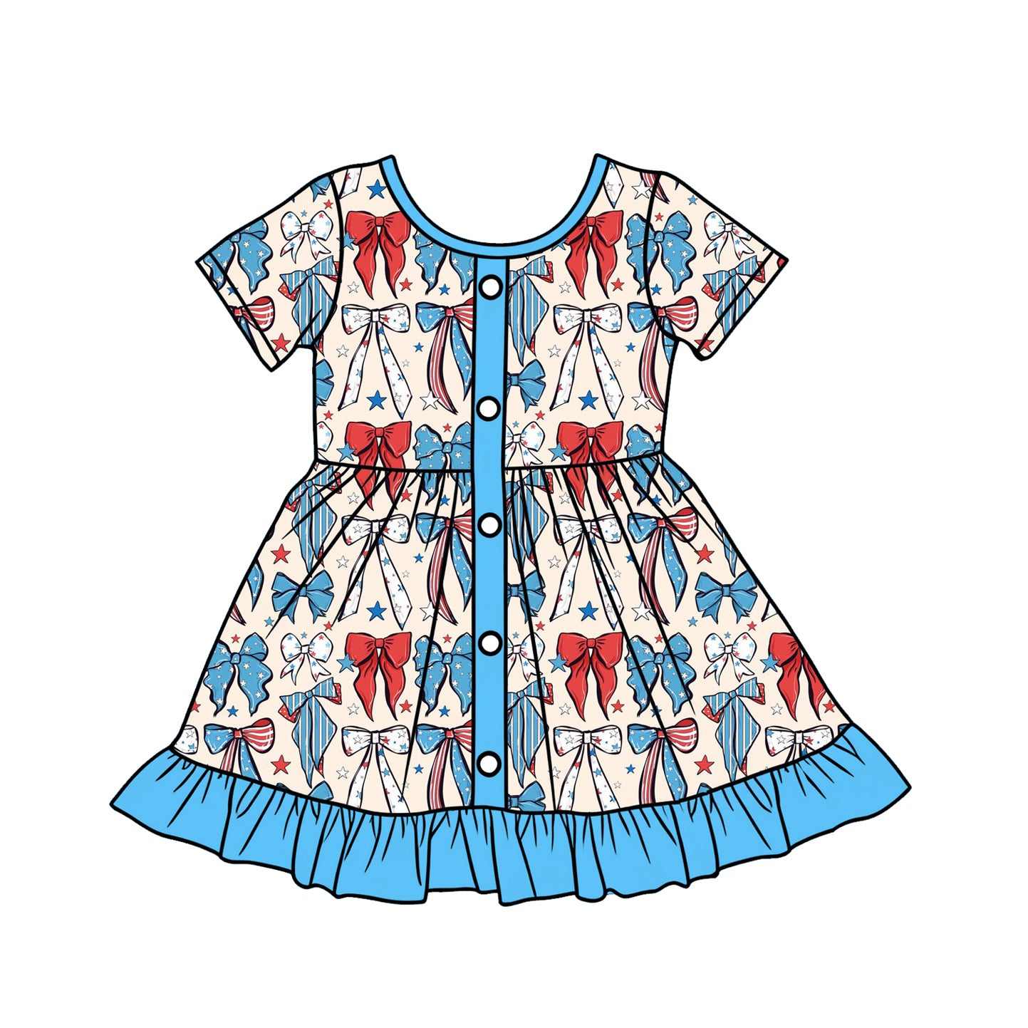 12.12 GSD3415 Pre order No Moq Baby Girls Blue Red Bows Stars 4th of July Button Ruffle Knee Length Dresses